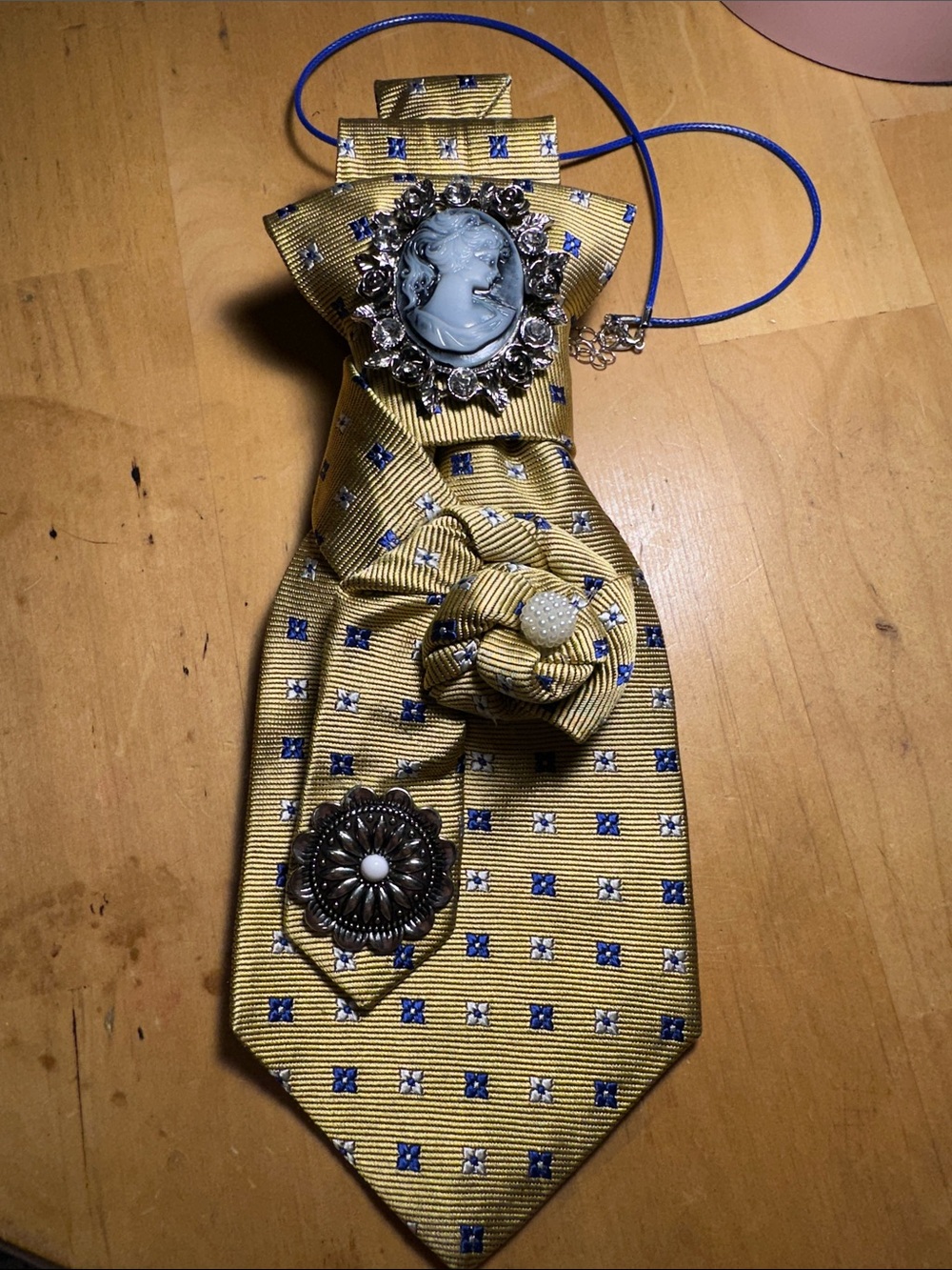 Brooks Brothers Yellow Necklace Tie with Blue Square Pattern and Cameo Brooch